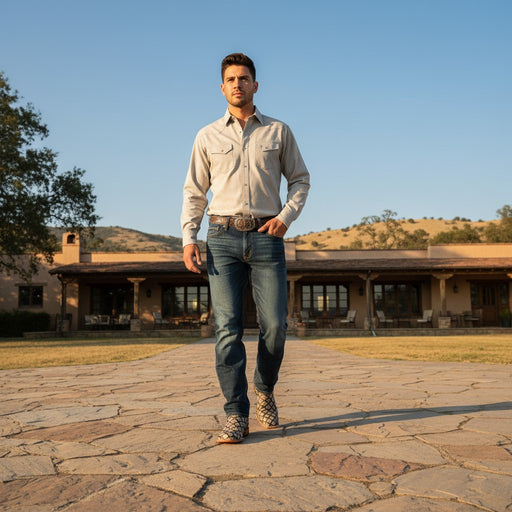 Man standing on a stone path in front of a rustic building with mountains in the background