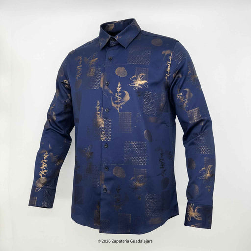 Blue shirt with gold patterns on a white background