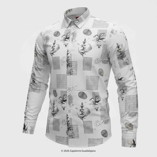 White shirt with black geometric pattern on a white background