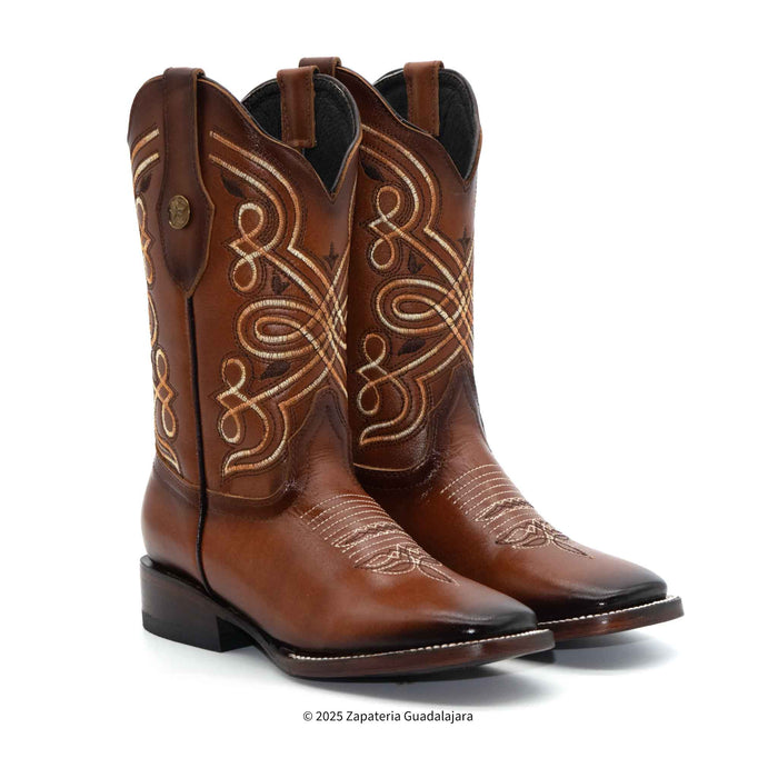 Magali Cognac Square Toe Embroidered Leather Boot