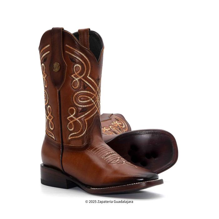 Magali Cognac Square Toe Embroidered Leather Boot