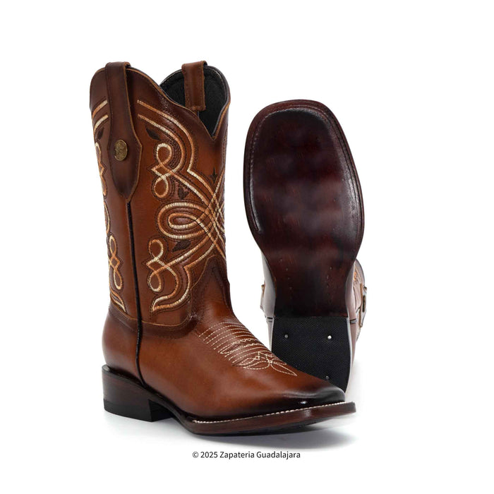 Magali Cognac Square Toe Embroidered Leather Boot