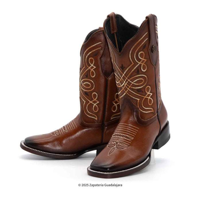 Magali Cognac Square Toe Embroidered Leather Boot