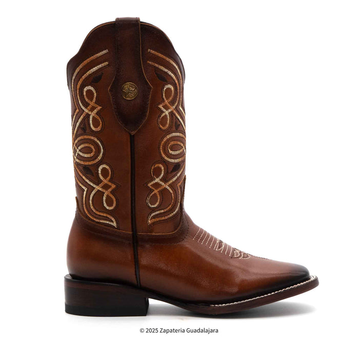Magali Cognac Square Toe Embroidered Leather Boot