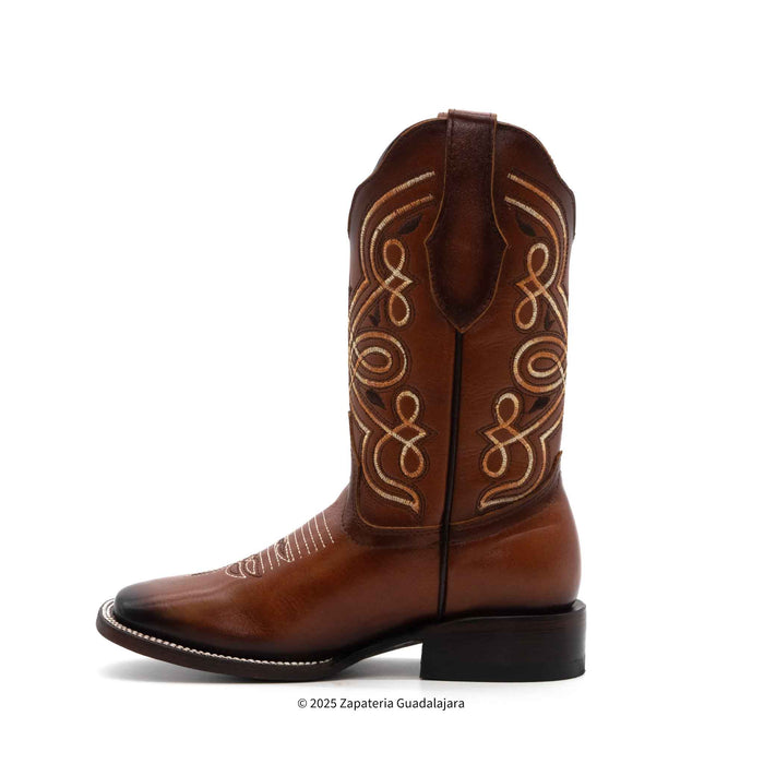 Magali Cognac Square Toe Embroidered Leather Boot