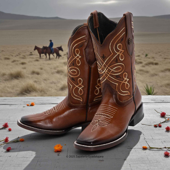 Magali Cognac Square Toe Embroidered Leather Boot