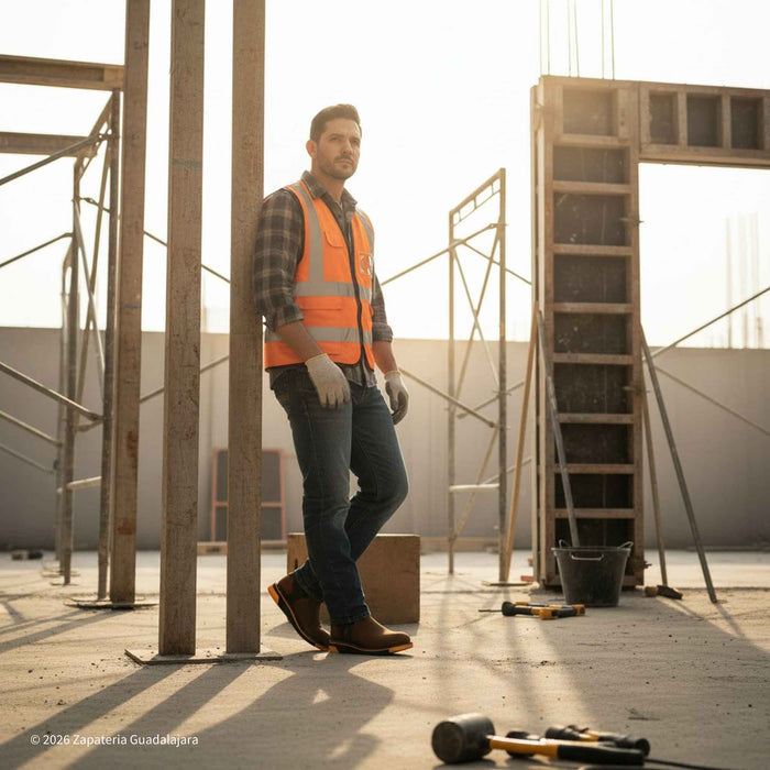 Man in safety vest standing on a construction site with wooden planks and tools around.