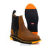 Brown boot with black and orange sole on a white background
