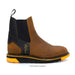 Brown Chelsea boot with black and yellow accents on a white background