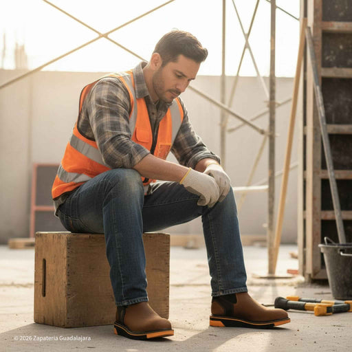 Man in construction attire sitting on a wooden box with tools around him.