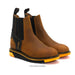 Pair of brown Chelsea boots with black and orange accents on a white background