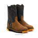 Pair of brown and black boots with orange soles on a white background