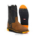 Brown and black boot with orange sole on a white background