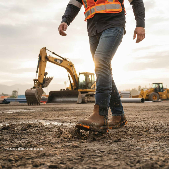 Person walking on a muddy construction site with heavy machinery in the background