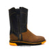 Brown and black cowboy boot with orange sole on a white background