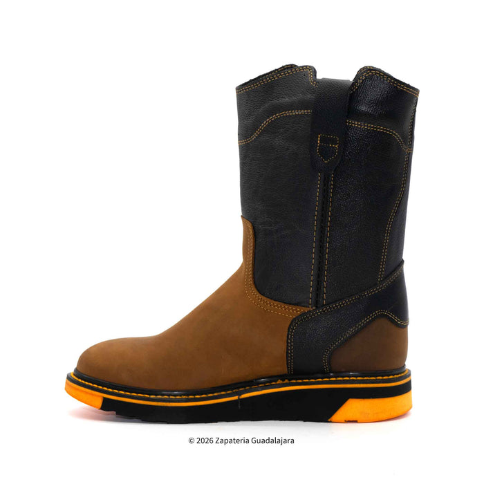 Brown and black boot with orange sole on a white background