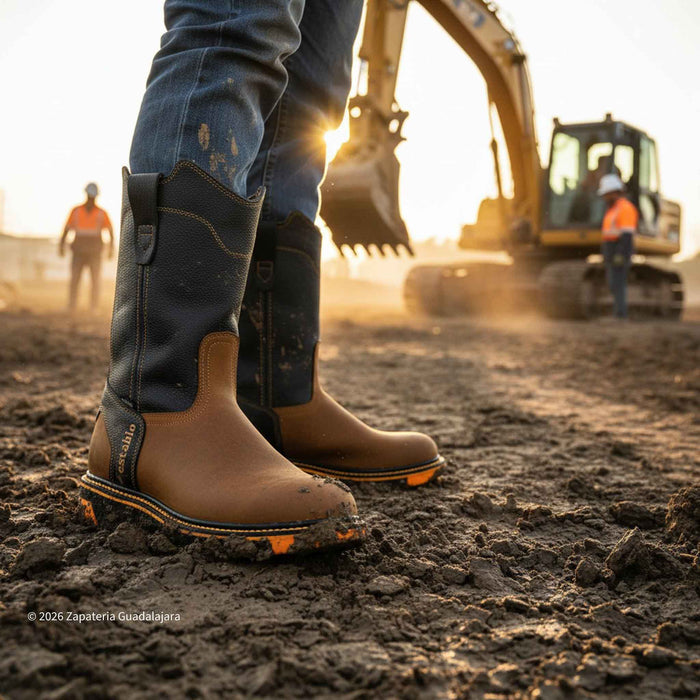 Brown work boots on a construction site with an excavator in the background.