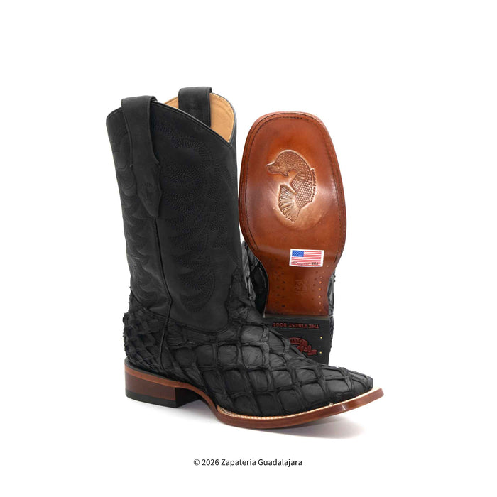 Matte Black Pirarucu Wide Square Toe Leather Boot-8221069