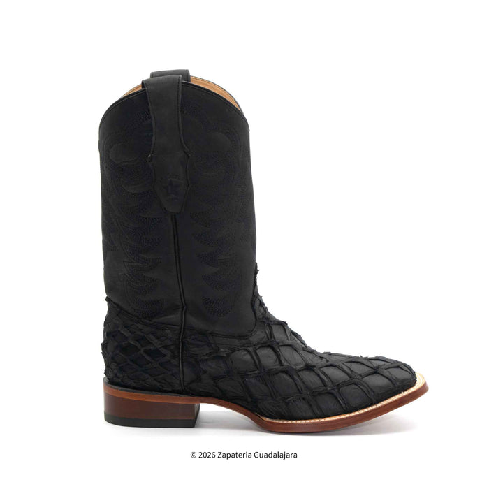 Matte Black Pirarucu Wide Square Toe Leather Boot-8221069