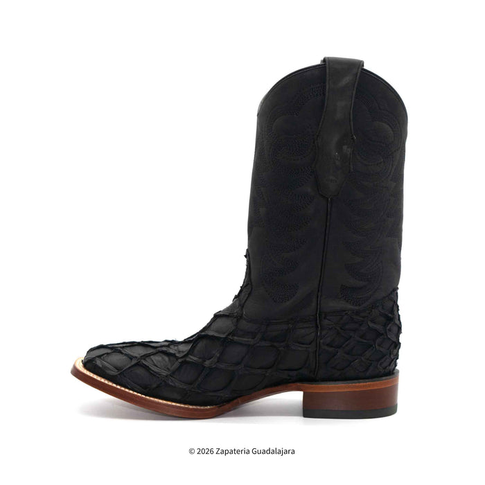 Matte Black Pirarucu Wide Square Toe Leather Boot-8221069