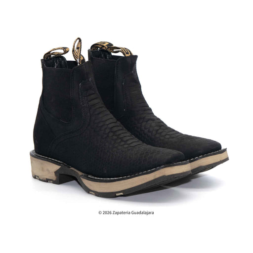 Pair of black boots with a textured pattern on a white background