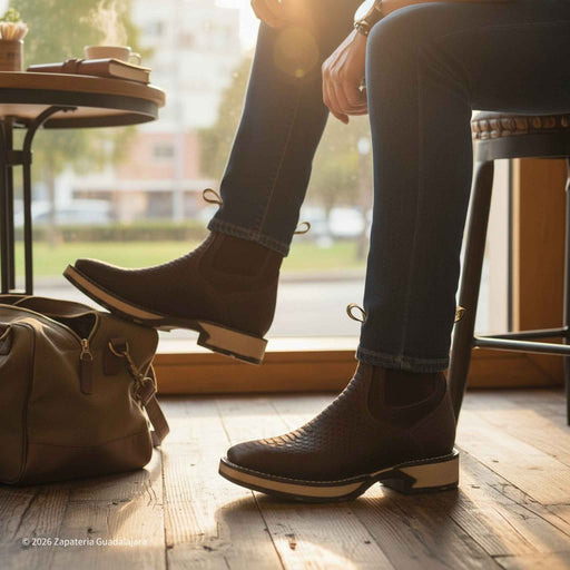 Person wearing brown leather boots sitting on a stool with a bag next to them.