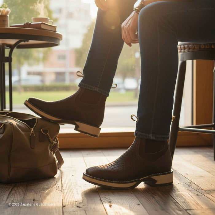 Person wearing brown leather boots sitting on a stool with a bag next to them.