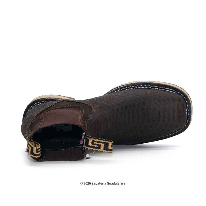 Brown cowboy boot with a brand logo on a white background
