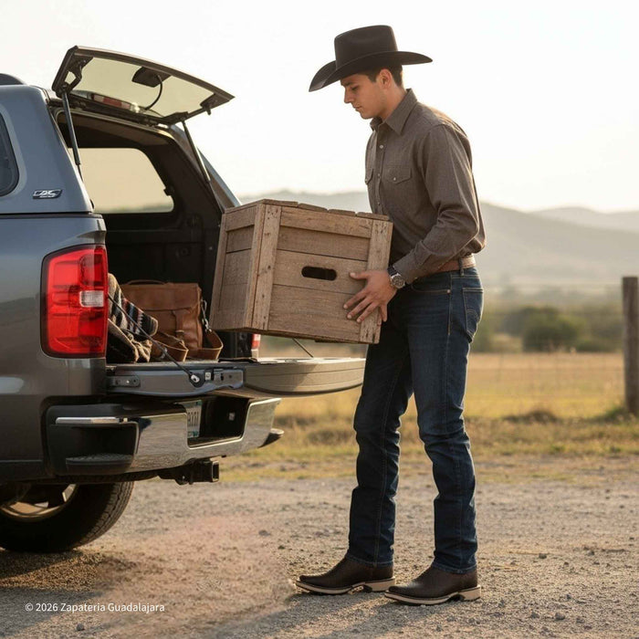 Man in cowboy hat loading a wooden crate into the back of a pickup truck in a rural setting.