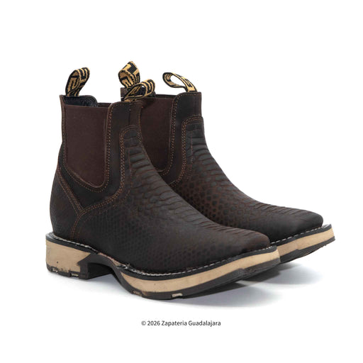 Pair of brown leather boots with decorative stitching on a white background