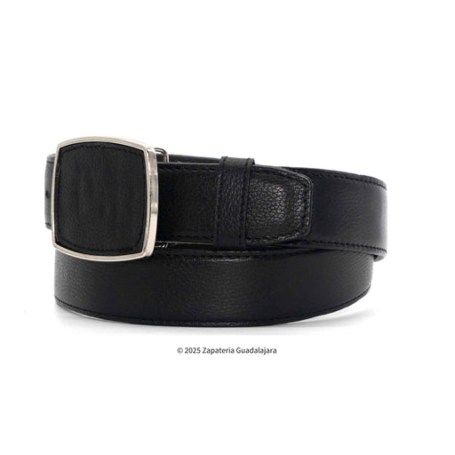 Black leather belt with silver buckle on a white background