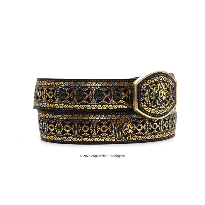 Men's Western 2" Laser San Judas Golden Leather belt-M312