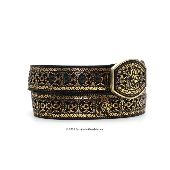 Men's Western 2" Laser San Judas Golden Leather belt-M312