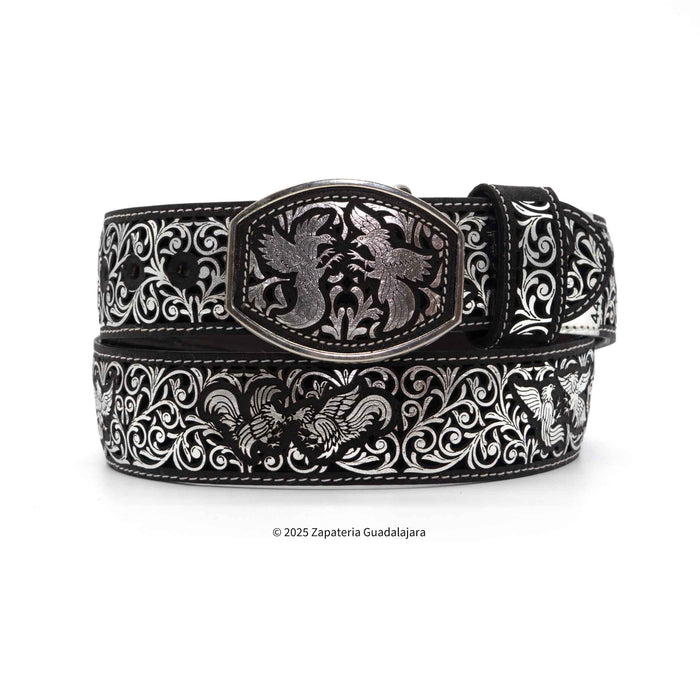 Men's Western 2" Laser Silver Rooster Fight Leather Belt-M318