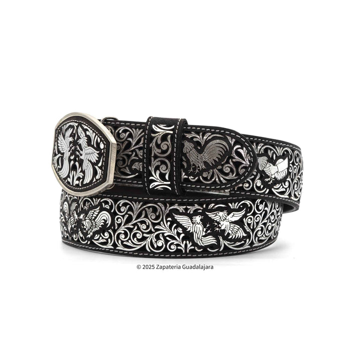 Men's Western 2" Laser Silver Rooster Fight Leather Belt-M318