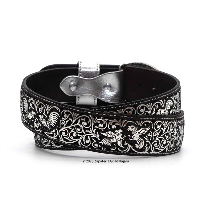 Men's Western 2" Laser Silver Rooster Fight Leather Belt-M318