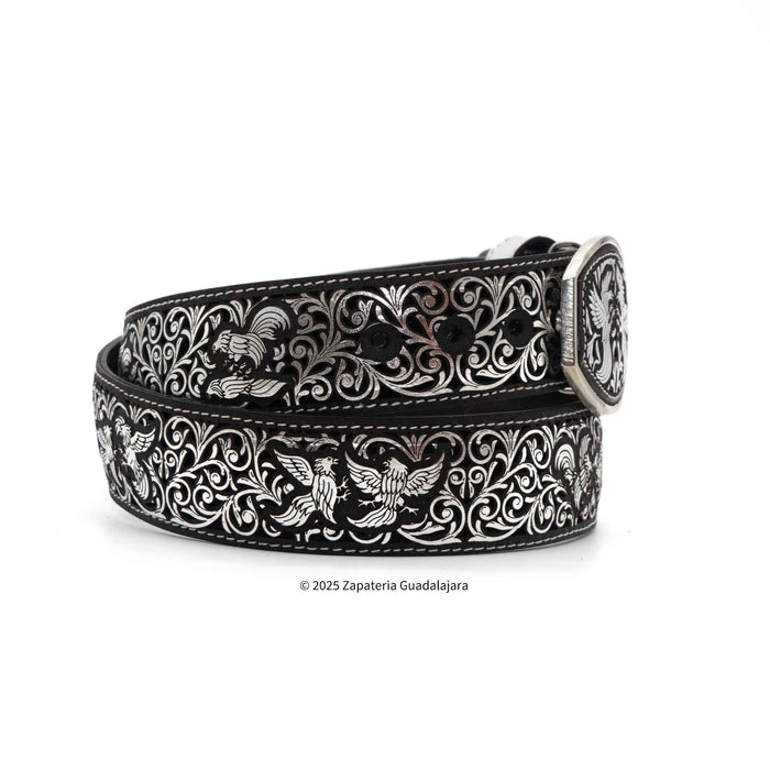Men's Western 2" Laser Silver Rooster Fight Leather Belt-M318