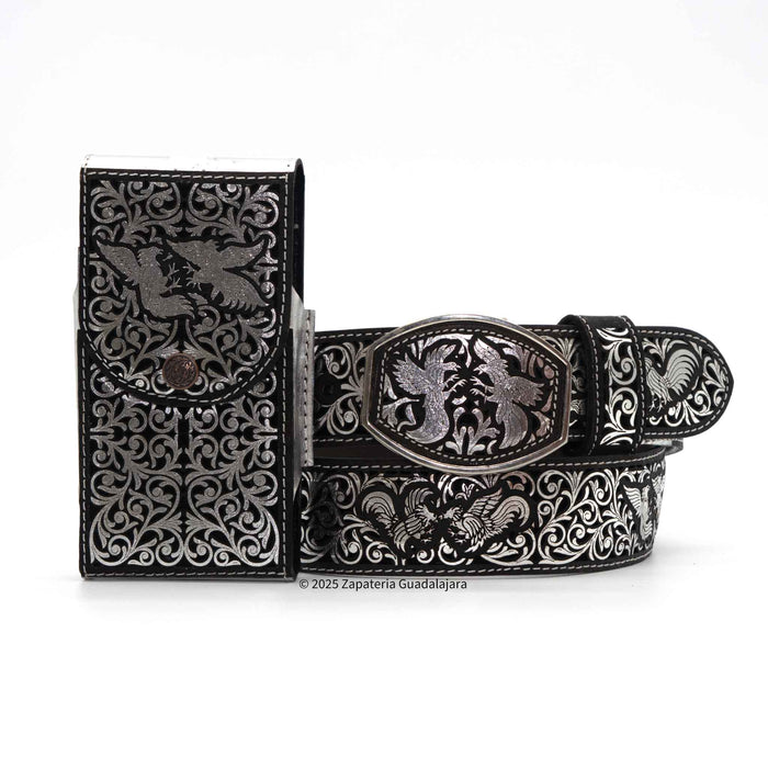 Men's Western 2" Laser Silver Rooster Fight Leather Belt-M318