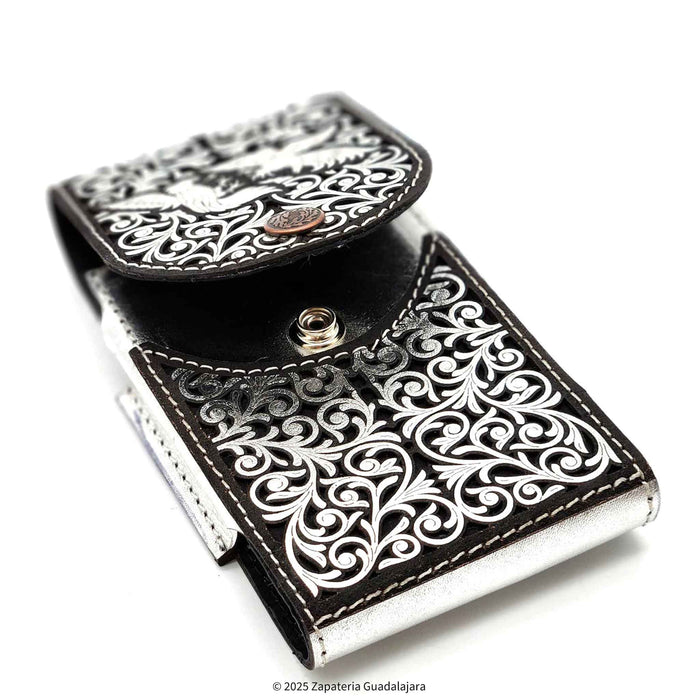 Men's Western Laser Silver Rooster Fight Leather Phone Case-M318