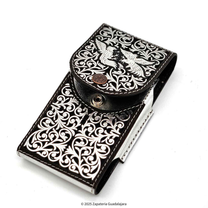 Men's Western Laser Silver Rooster Fight Leather Phone Case-M318