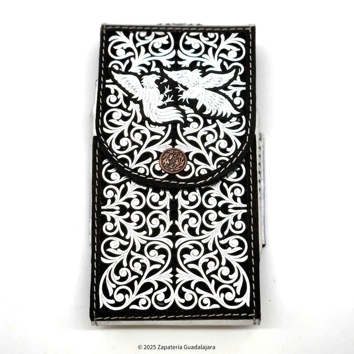 Men's Western Laser Silver Rooster Fight Leather Phone Case-M318