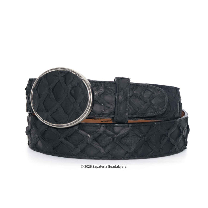 A black woven leather belt with a large silver-tone oval buckle, coiled on a white background.