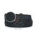 A black woven leather belt with a large silver-tone oval buckle, coiled on a white background.
