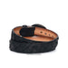 A black woven-texture belt with a tan interior, coiled on a white background.