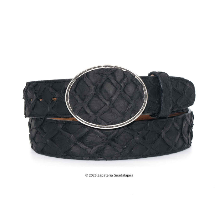 A black crocodile skin belt with a silver oval buckle, coiled on a white background.