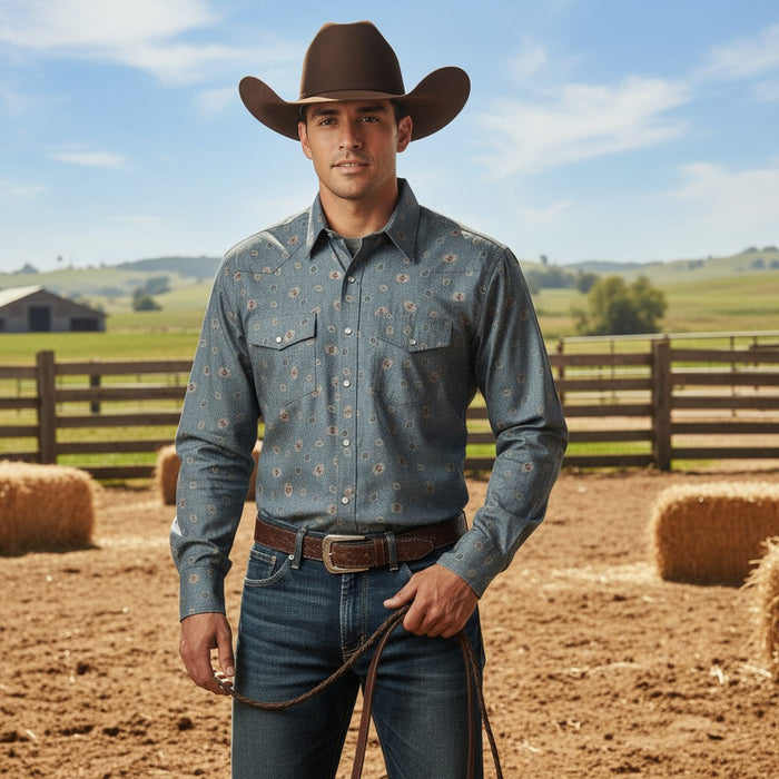 A man wearing a long-sleeve western shirt with a blue-gray floral pattern, blue jeans, and a brown cowboy hat, standing in a dusty outdoor ranch setting with hay bales and a fence in the background.