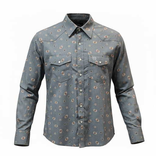 A long-sleeve western-style button-up shirt in a slate blue-gray color, featuring an all-over small circular floral pattern in beige and brown, with two buttoned chest pockets and a pointed collar.