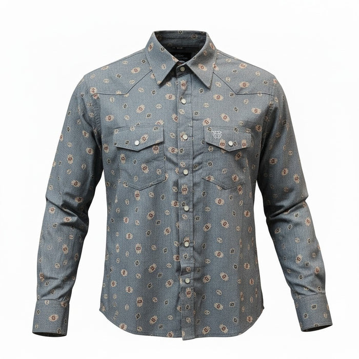 A long-sleeve western-style button-up shirt in a slate blue-gray color, featuring an all-over small circular floral pattern in beige and brown, with two buttoned chest pockets and a pointed collar.