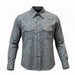 A long-sleeve western-style button-up shirt in a slate blue-gray color, featuring an all-over small circular floral pattern in beige and brown, with two buttoned chest pockets and a pointed collar.