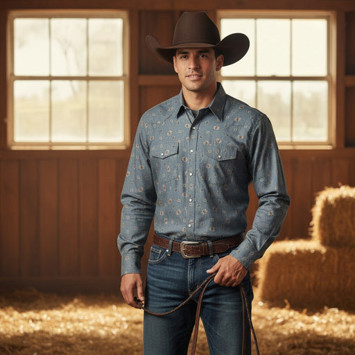 A man wearing a blue-gray long-sleeve western shirt with a small floral pattern, blue jeans, and a brown cowboy hat, standing in a barn with hay bales and wood-paneled walls.